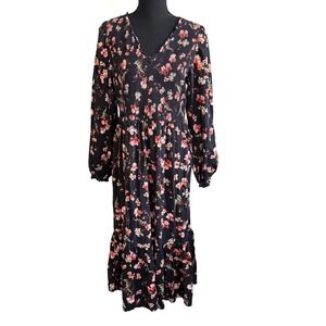 Old Navy Dark Floral Cottagecore Midi Tiered Dress Size L Black Fairy Grunge